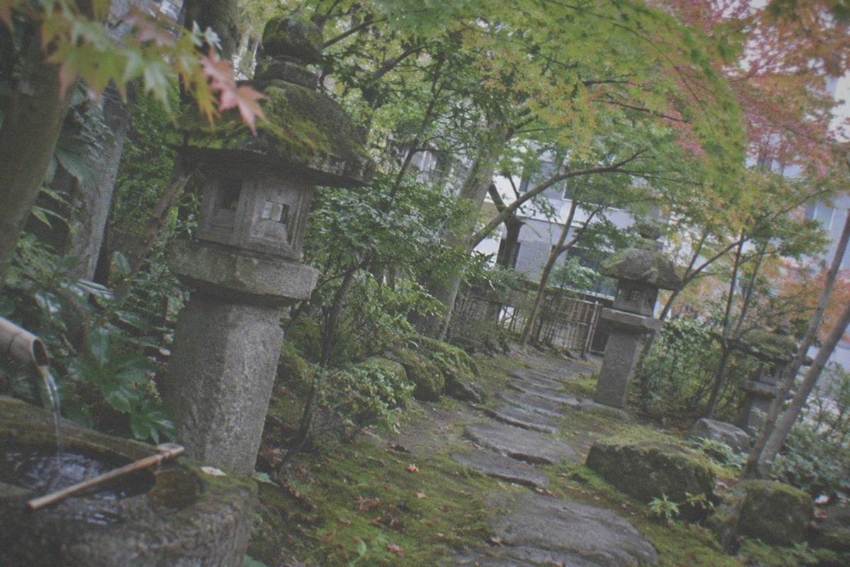 Stone path leading through the mossy trees of a Japanese strolling garden beside a museum building