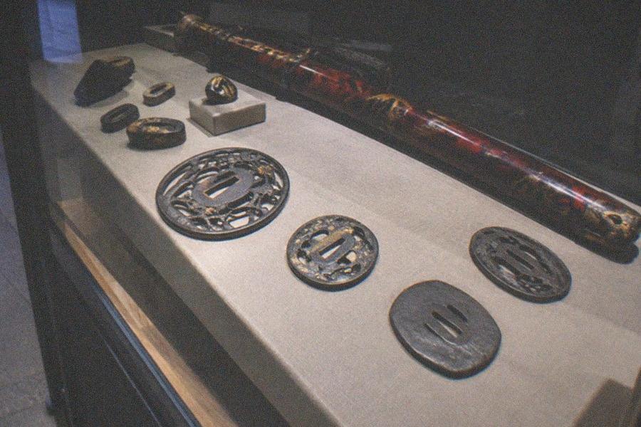 Cork shuriken targets lined up in the throwing range at Samurai Ninja Museum Tokyo