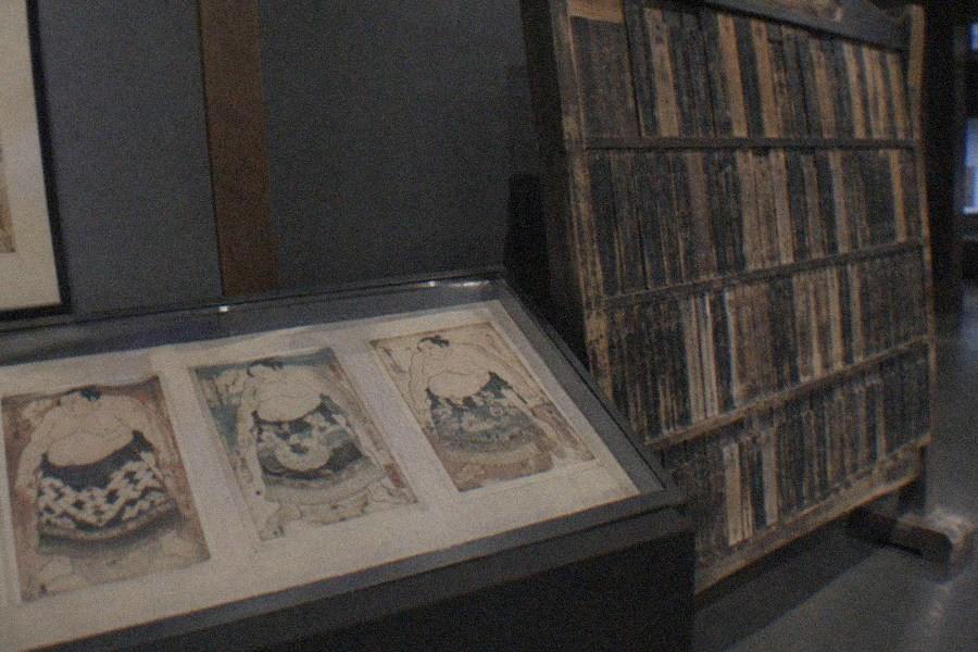 Exhibition cases and sumo history displays inside The Sumo Museum at Ryogoku Kokugikan