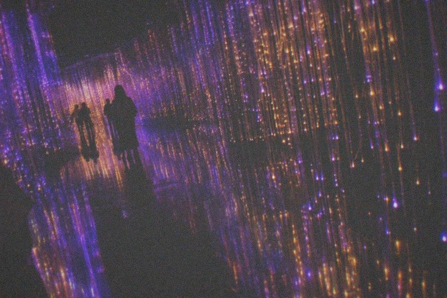 Projected flowers spreading across the walls and floor of a dark room inside teamLab Borderless at Azabudai Hills